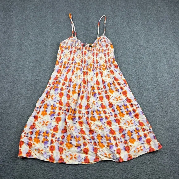 Aerie Women's XS Floral Mini Sundress Orange Purple Keyhole Front Smocked Back - Picture 2 of 8
